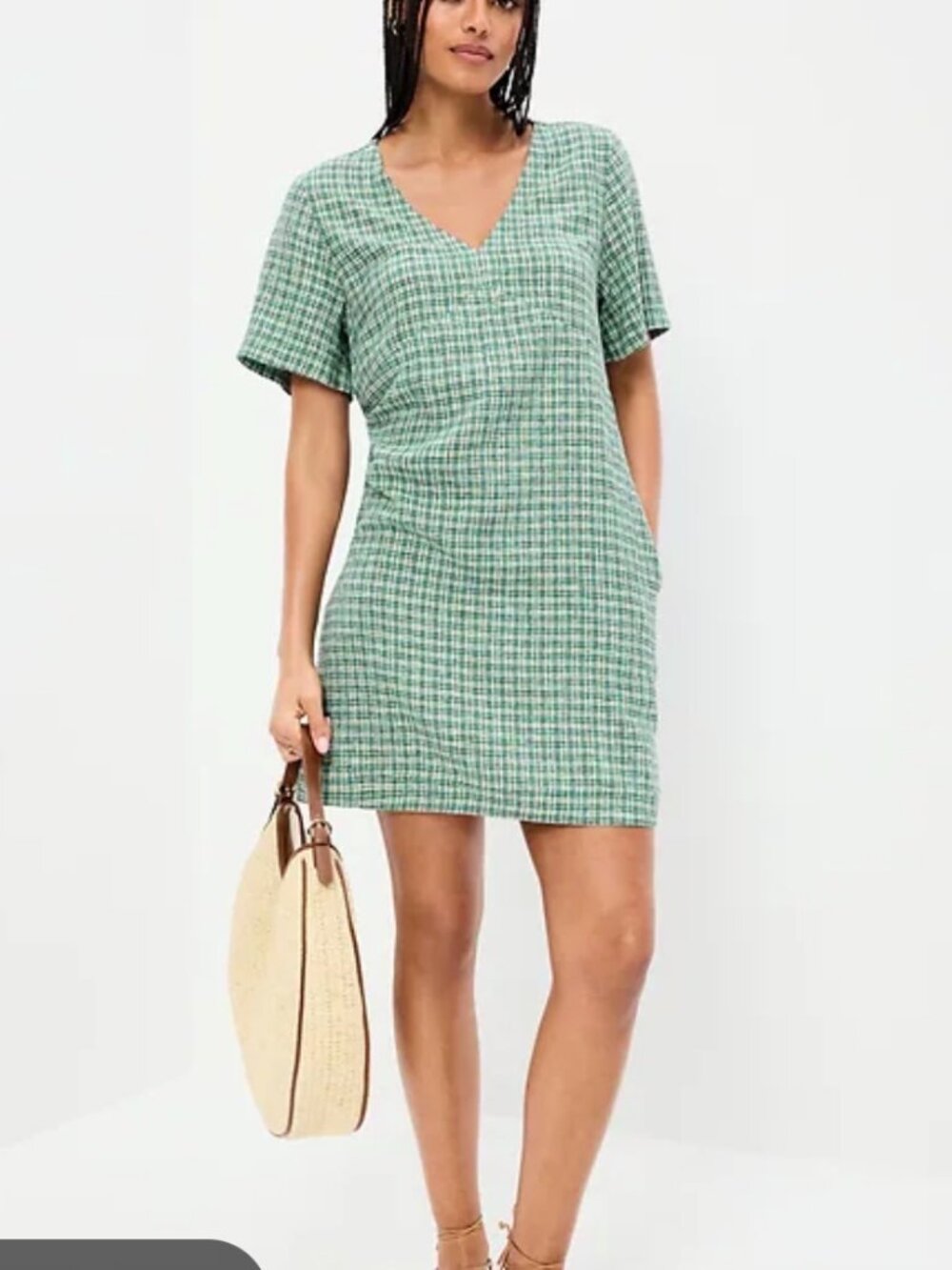 Old Navy V-Neck Linen-Blend Green Plaid Mini Shirt Dress Women's XS